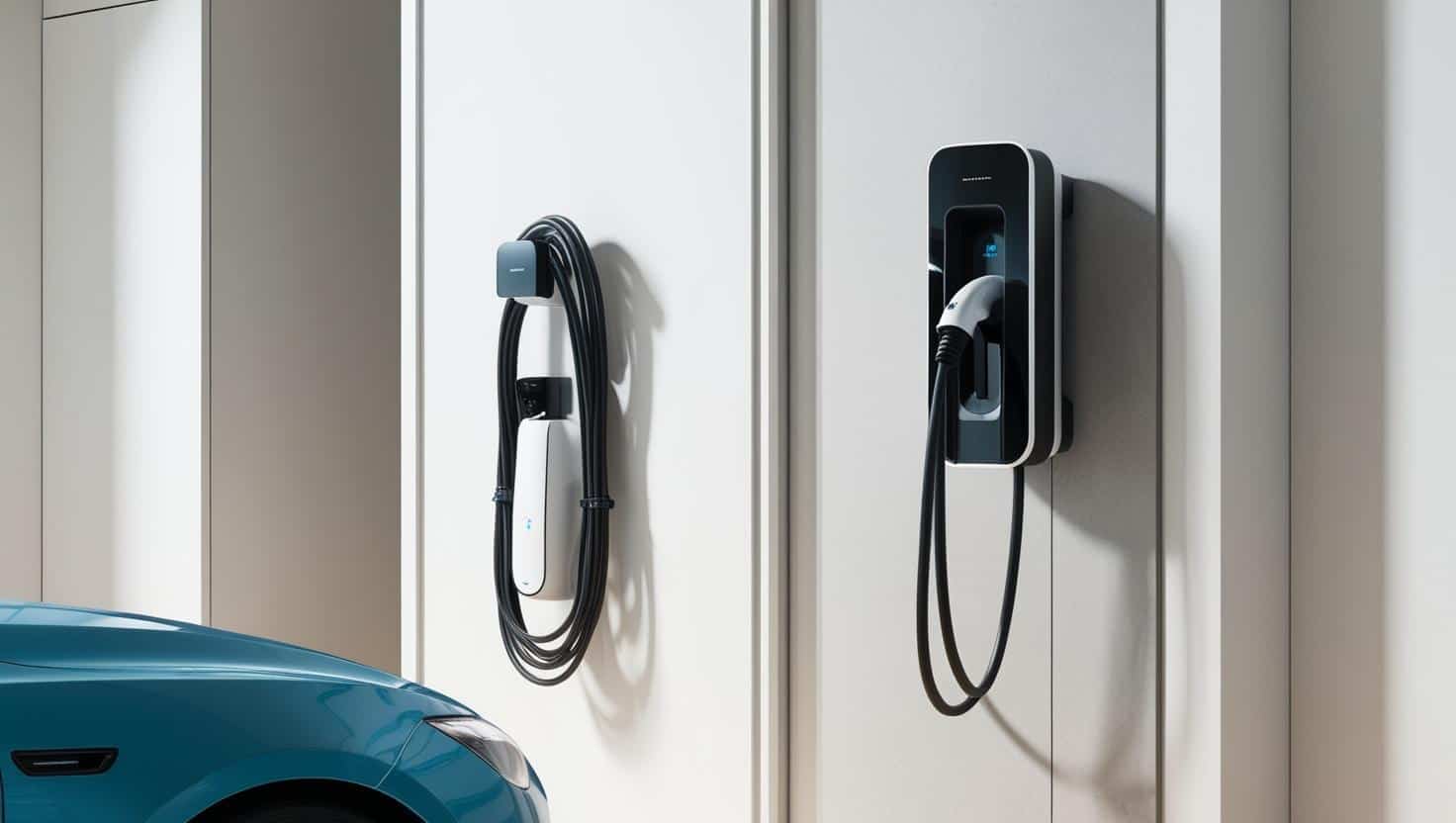 Modern home EV charging station installed in a residential garage, featuring a Level 2 wall-mounted charger with a coiled cable and a parked electric vehicle